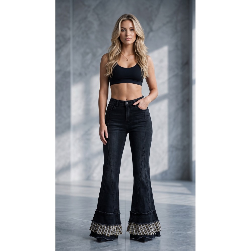Shumandi Womens High Waisted Bell Bottom Jeans Patchwork Hippie Boho‎ Large READ